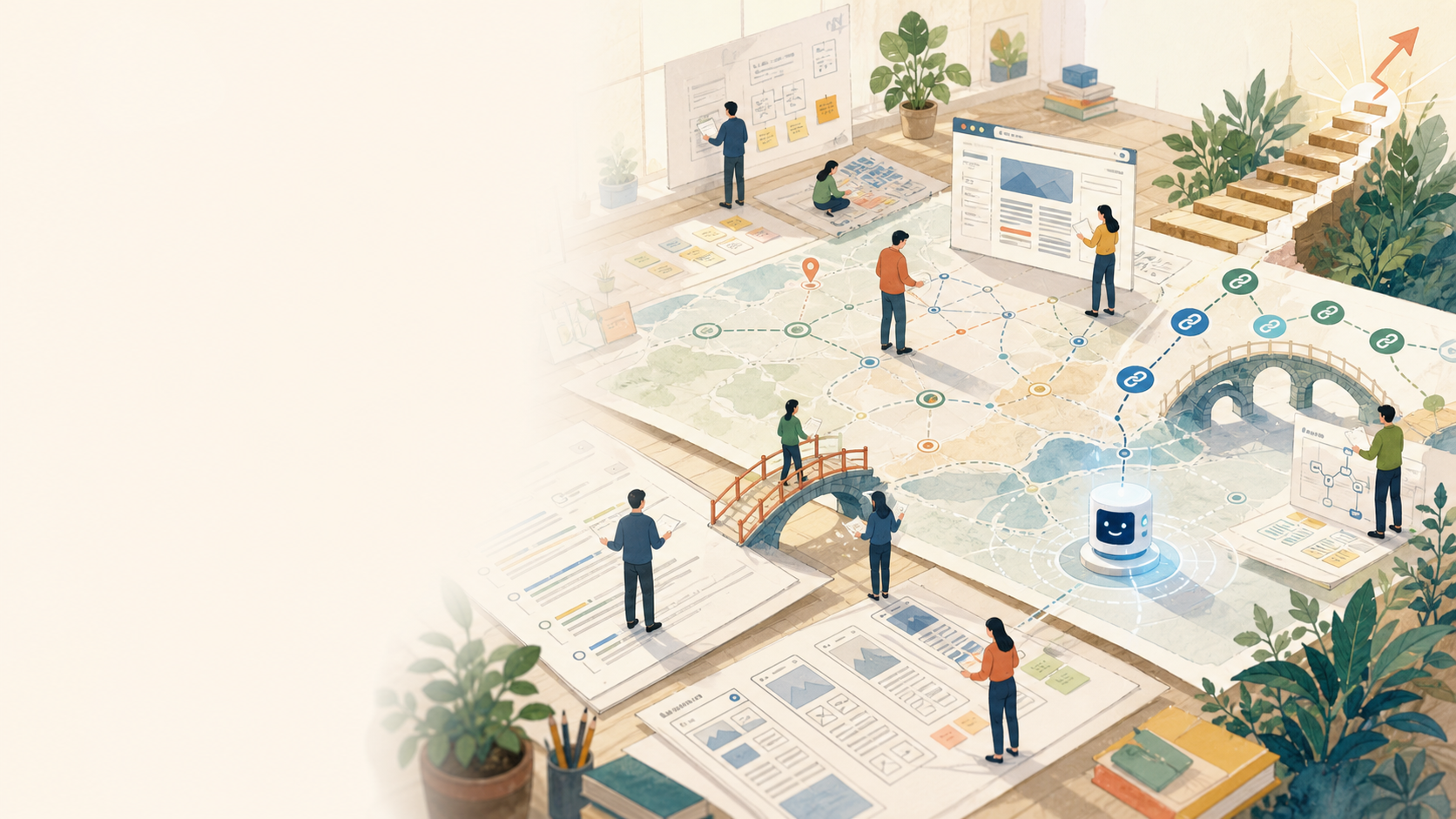Illustrated strategy workshop with maps, website panels, link bridges, and AI workflow elements.