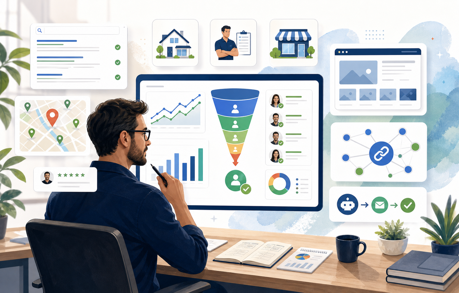 Illustrated digital marketing strategy dashboard showing qualified lead funnels, local search signals, website planning, backlink authority, and AI automation for service businesses.